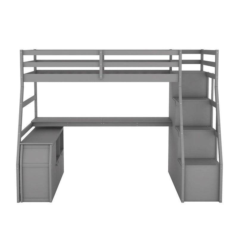 Gray Twin Wood Loft Bed with Desk and Storage