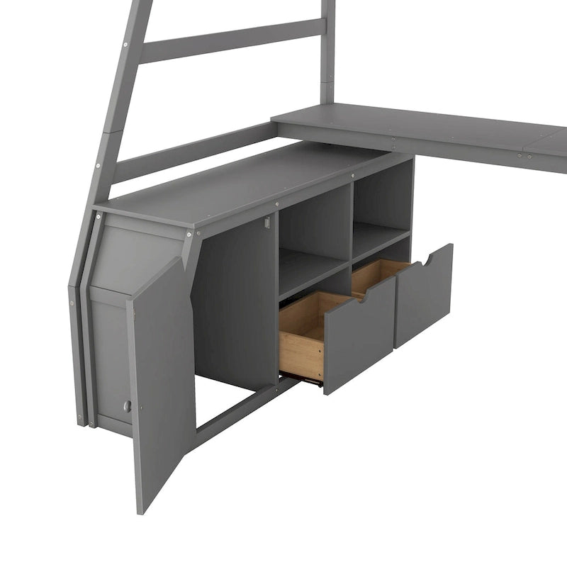 Gray Twin Wood Loft Bed with Desk and Storage