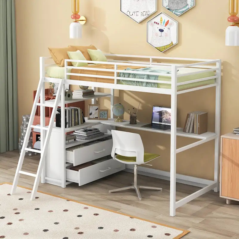 White Twin Loft Bed with Desk, Shelves and Two Drawers