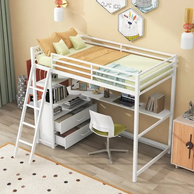 White Twin Loft Bed with Desk, Shelves and Two Drawers