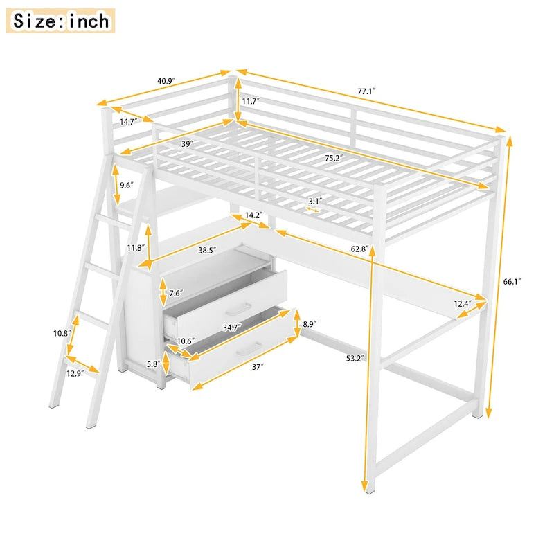 White Twin Loft Bed with Desk, Shelves and Two Drawers