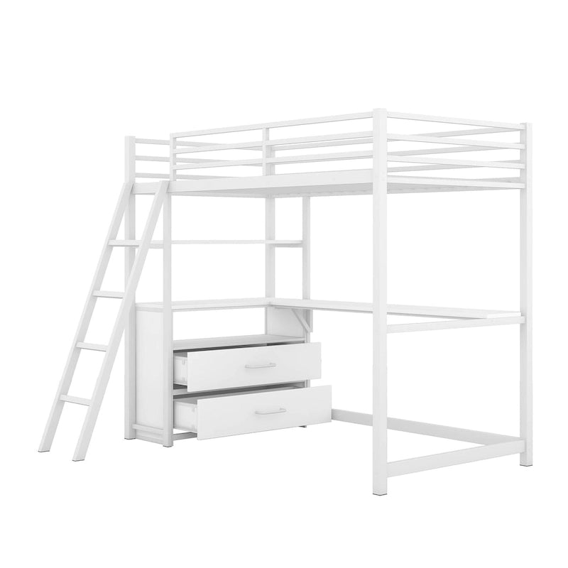 White Twin Loft Bed with Desk, Shelves and Two Drawers