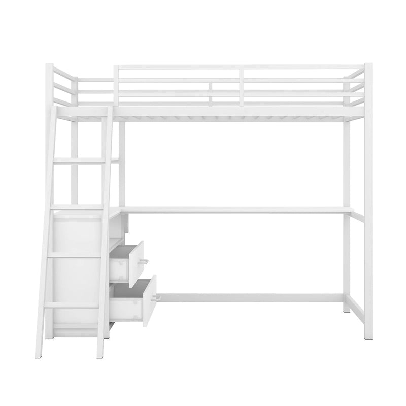 White Twin Loft Bed with Desk, Shelves and Two Drawers