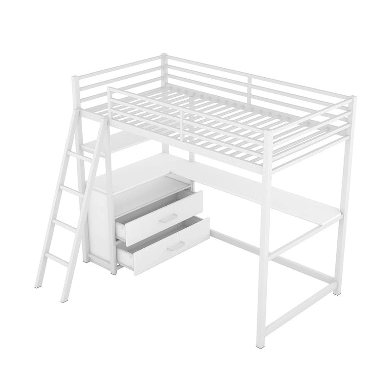 White Twin Loft Bed with Desk, Shelves and Two Drawers