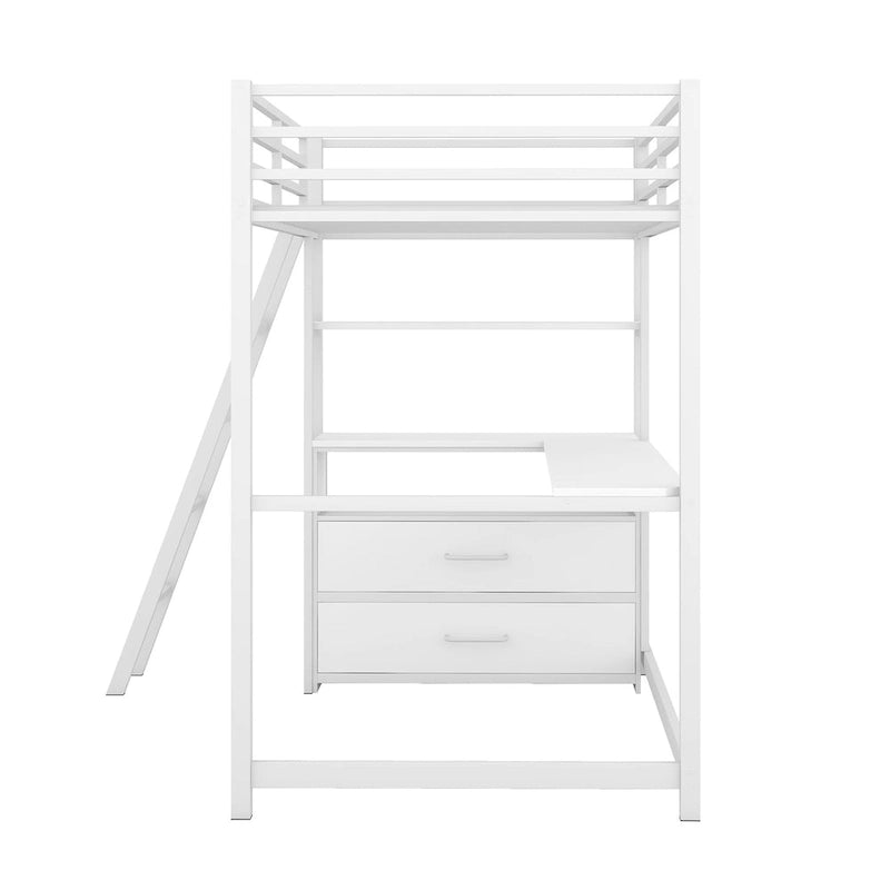White Twin Loft Bed with Desk, Shelves and Two Drawers