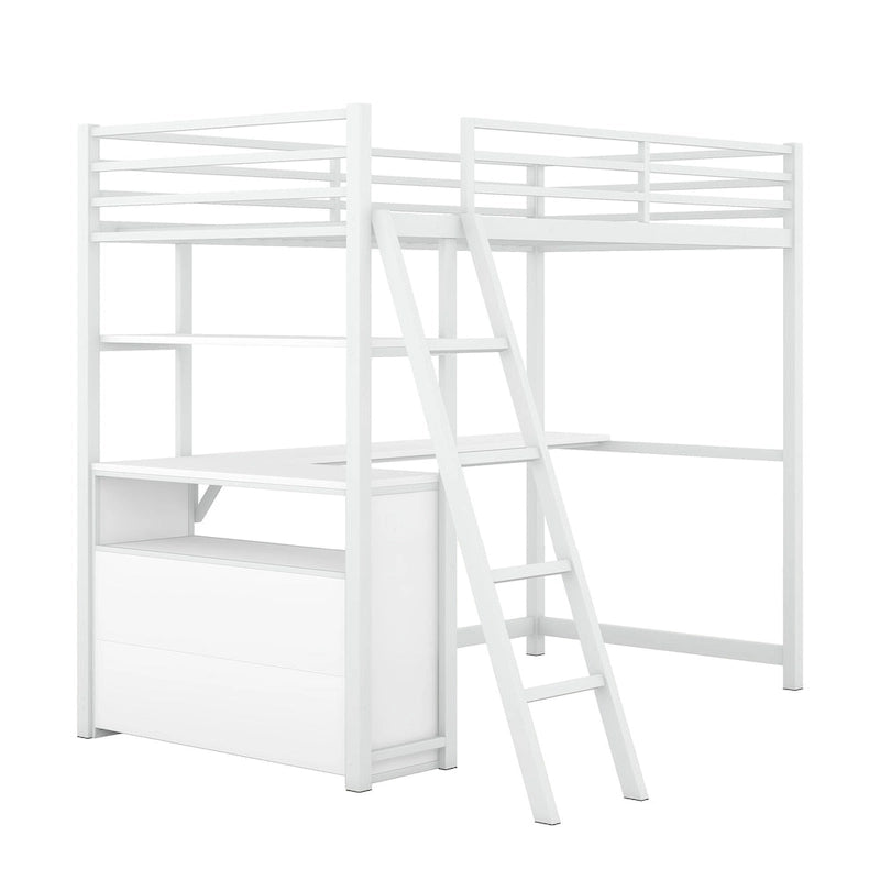 White Twin Loft Bed with Desk, Shelves and Two Drawers