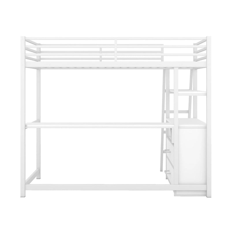 White Twin Loft Bed with Desk, Shelves and Two Drawers