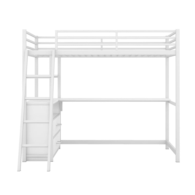 White Twin Loft Bed with Desk, Shelves and Two Drawers