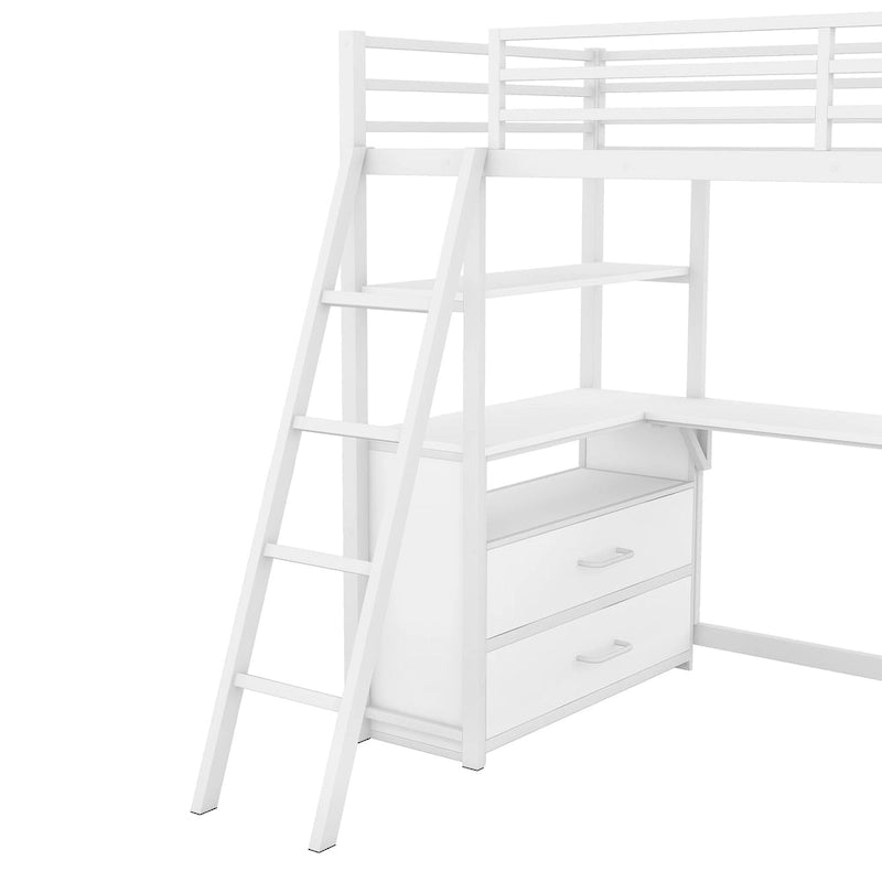 White Twin Loft Bed with Desk, Shelves and Two Drawers