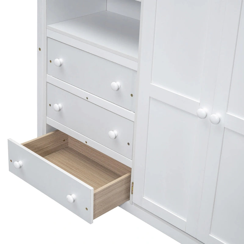 White Full Size Loft Bed with Wardrobe, Desk and Storage