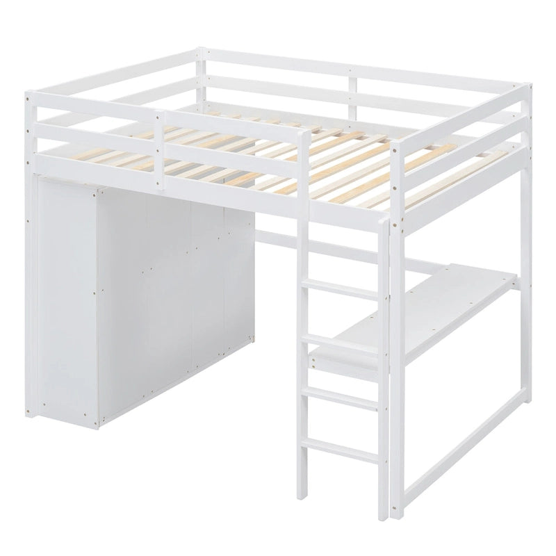 White Full Size Loft Bed with Wardrobe, Desk and Storage