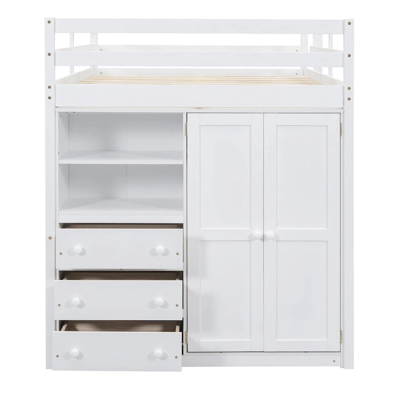 White Full Size Loft Bed with Wardrobe, Desk and Storage