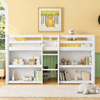 White Twin Low Loft Bed with Storage Shelves and LED Light