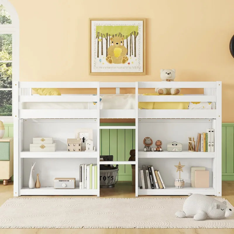 White Twin Low Loft Bed with Storage Shelves and LED Light