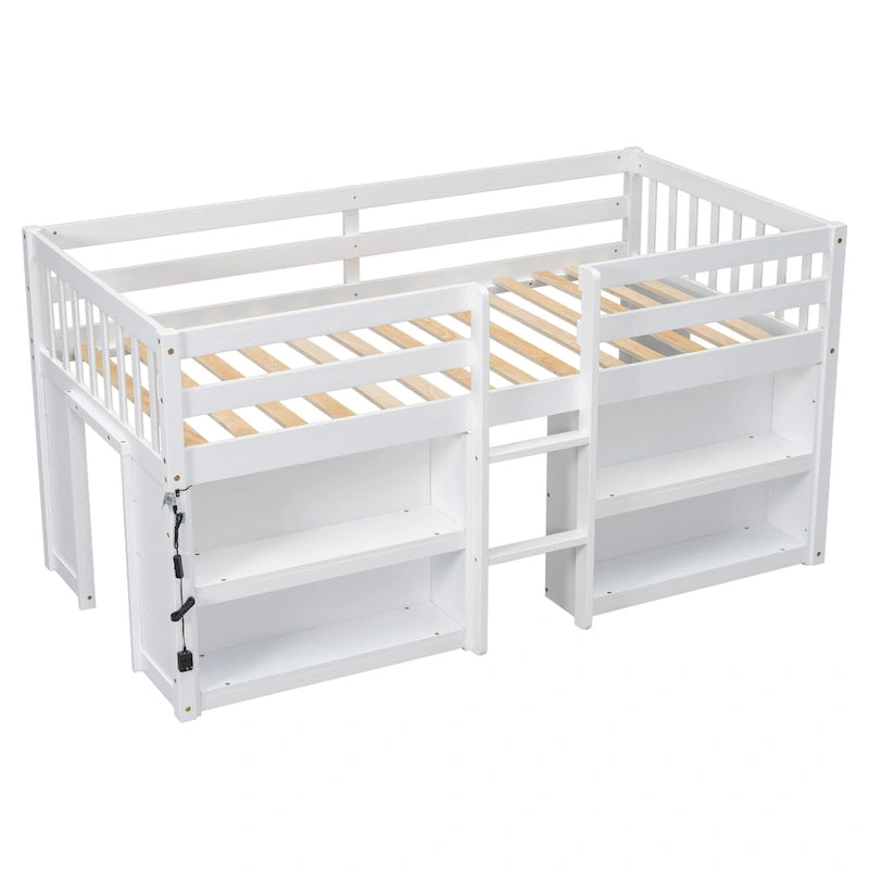 White Twin Low Loft Bed with Storage Shelves and LED Light