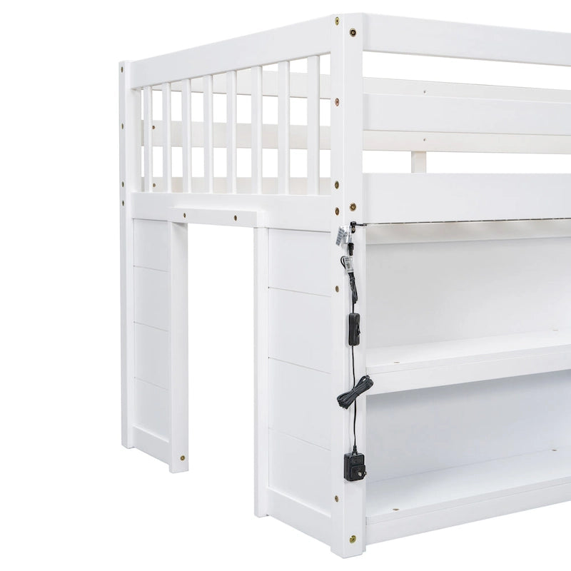 White Twin Low Loft Bed with Storage Shelves and LED Light