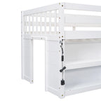 White Twin Low Loft Bed with Storage Shelves and LED Light
