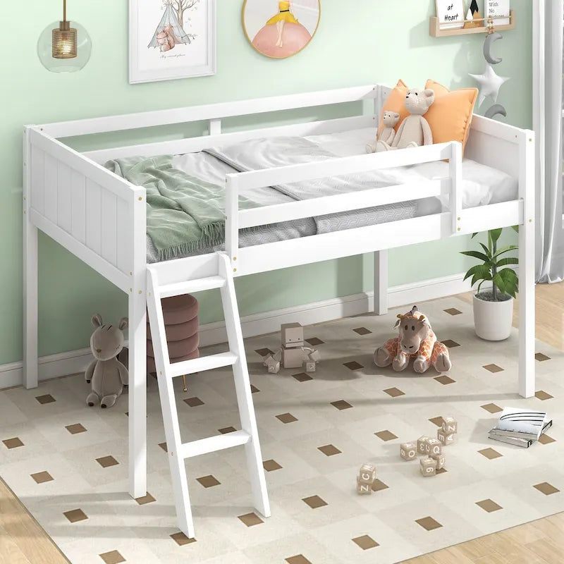 White Twin Low Loft Bed with Ladder and Guardrails