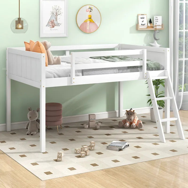 White Twin Low Loft Bed with Ladder and Guardrails