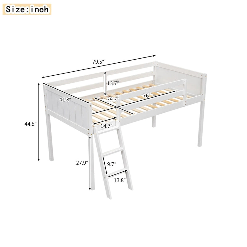 White Twin Low Loft Bed with Ladder and Guardrails
