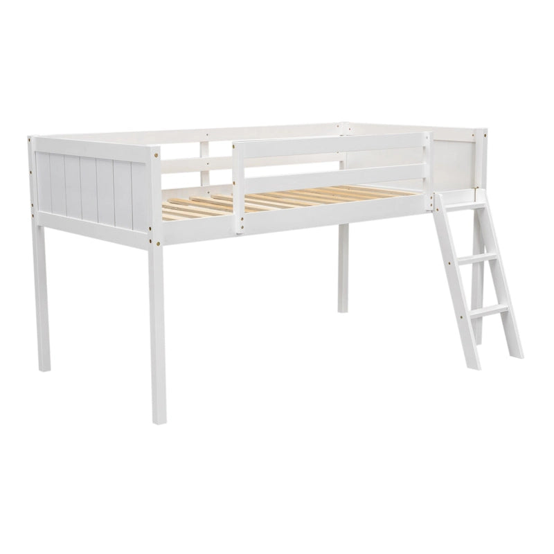White Twin Low Loft Bed with Ladder and Guardrails