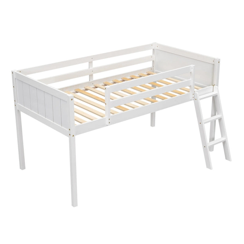 White Twin Low Loft Bed with Ladder and Guardrails
