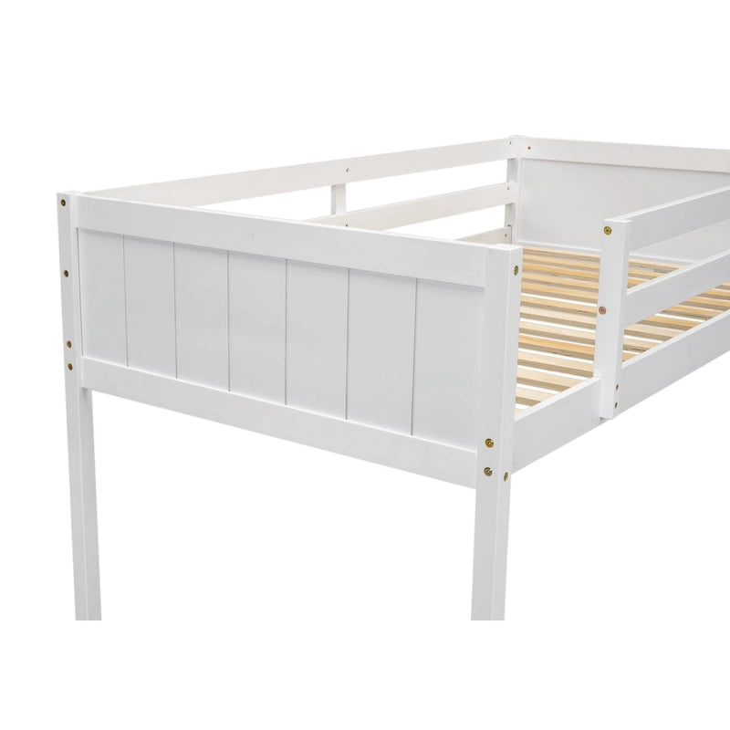 White Twin Low Loft Bed with Ladder and Guardrails