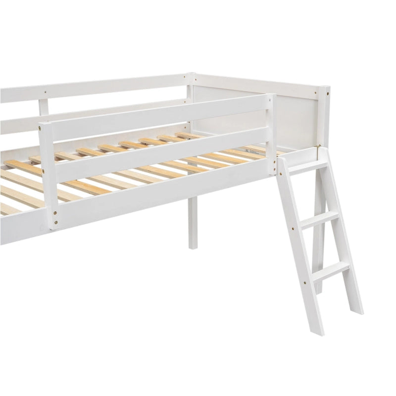 White Twin Low Loft Bed with Ladder and Guardrails
