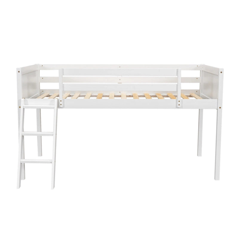 White Twin Low Loft Bed with Ladder and Guardrails