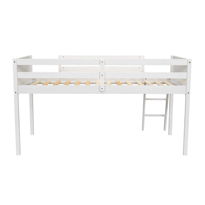 White Twin Low Loft Bed with Ladder and Guardrails