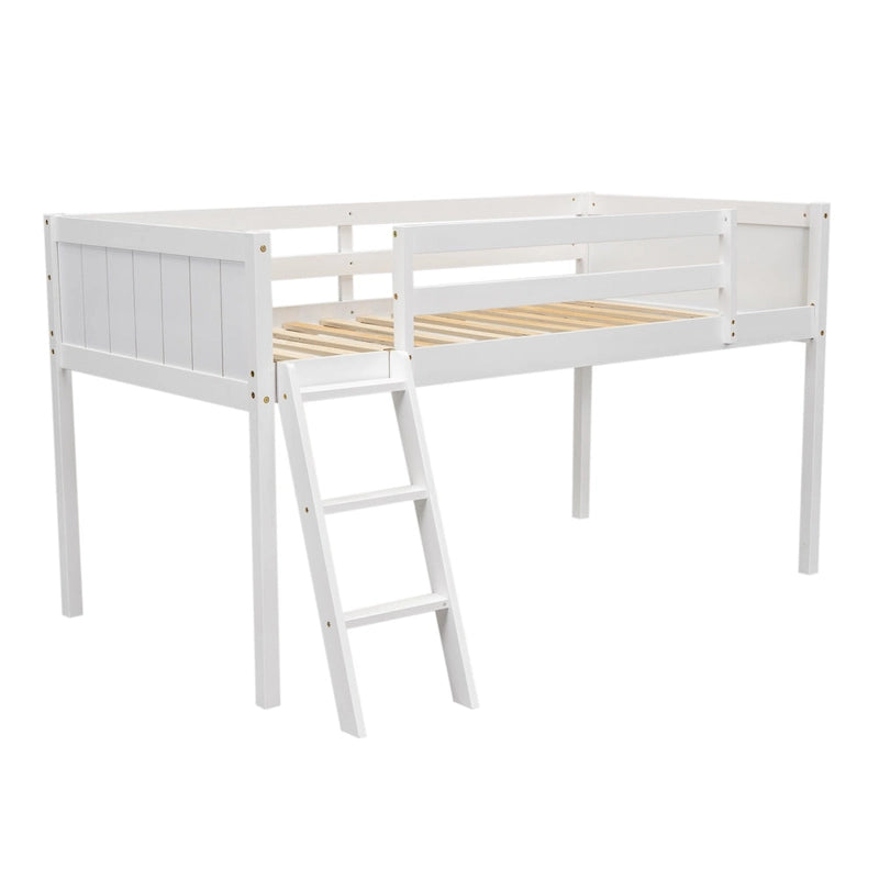 White Twin Low Loft Bed with Ladder and Guardrails