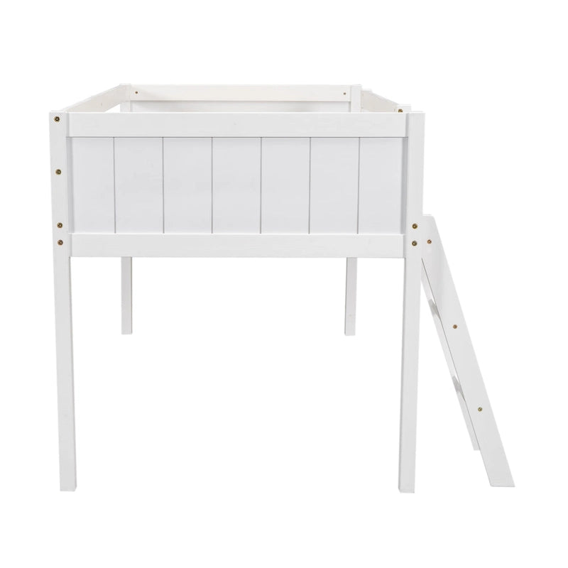 White Twin Low Loft Bed with Ladder and Guardrails