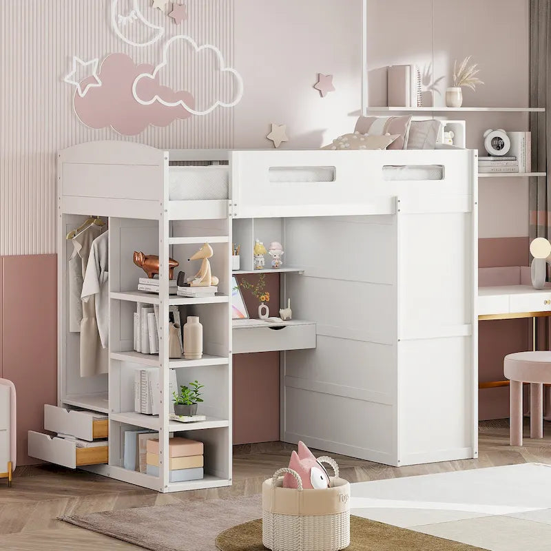White Twin Loft Bed with Desk, Wardrobe and Storage