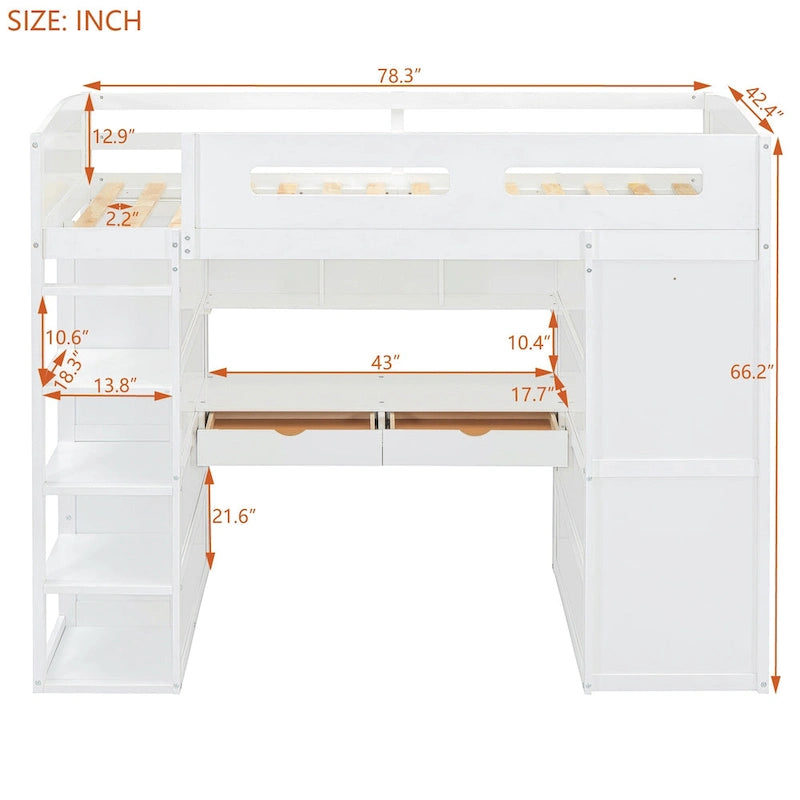 White Twin Loft Bed with Desk, Wardrobe and Storage