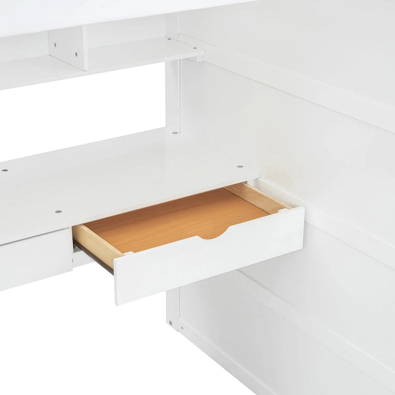 White Twin Loft Bed with Desk, Wardrobe and Storage