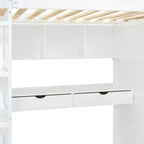 Lit mezzanine blanc, format simple, avec bureau, armoire et rangements