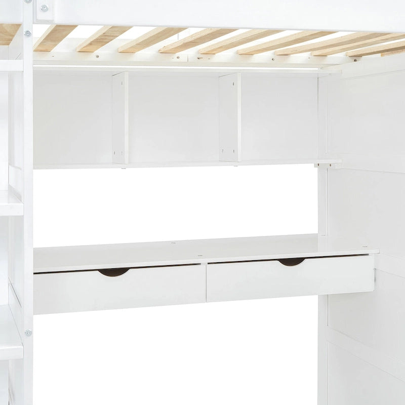 White Twin Loft Bed with Desk, Wardrobe and Storage