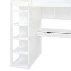 Lit mezzanine blanc, format simple, avec bureau, armoire et rangements