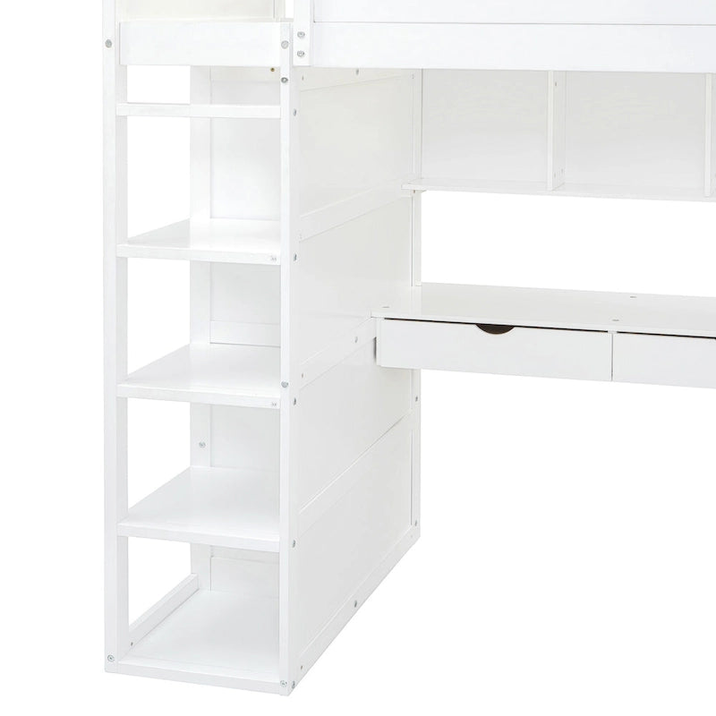 White Twin Loft Bed with Desk, Wardrobe and Storage