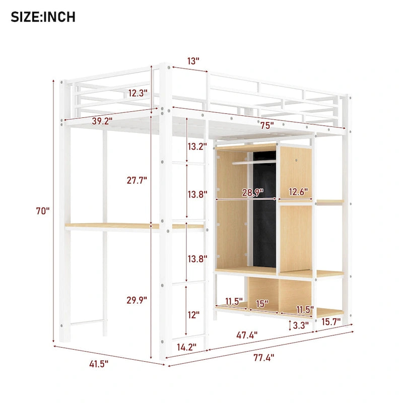White Twin Metal Loft Bed with Desk, Wardrobe and Shelves