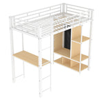 Lit mezzanine en métal blanc, format simple, avec bureau, armoire et étagères