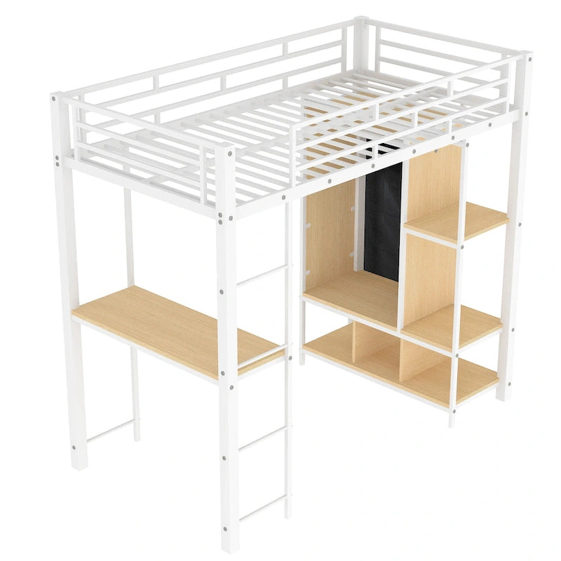 White Twin Metal Loft Bed with Desk, Wardrobe and Shelves