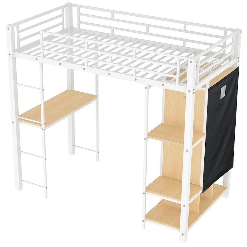 White Twin Metal Loft Bed with Desk, Wardrobe and Shelves
