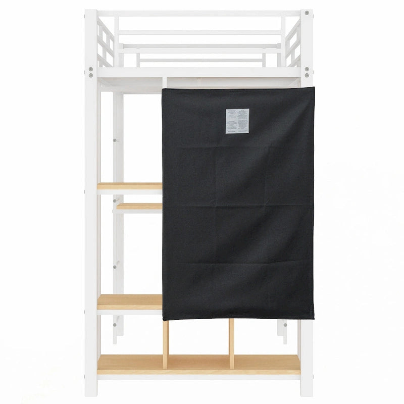 White Twin Metal Loft Bed with Desk, Wardrobe and Shelves