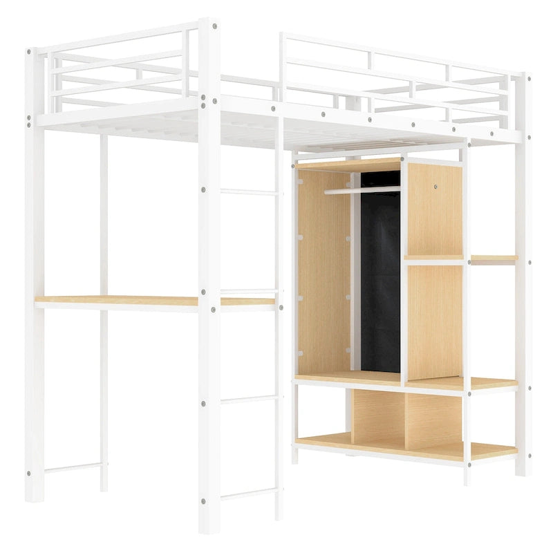 White Twin Metal Loft Bed with Desk, Wardrobe and Shelves