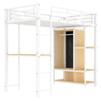 Lit mezzanine en métal blanc, format simple, avec bureau, armoire et étagères