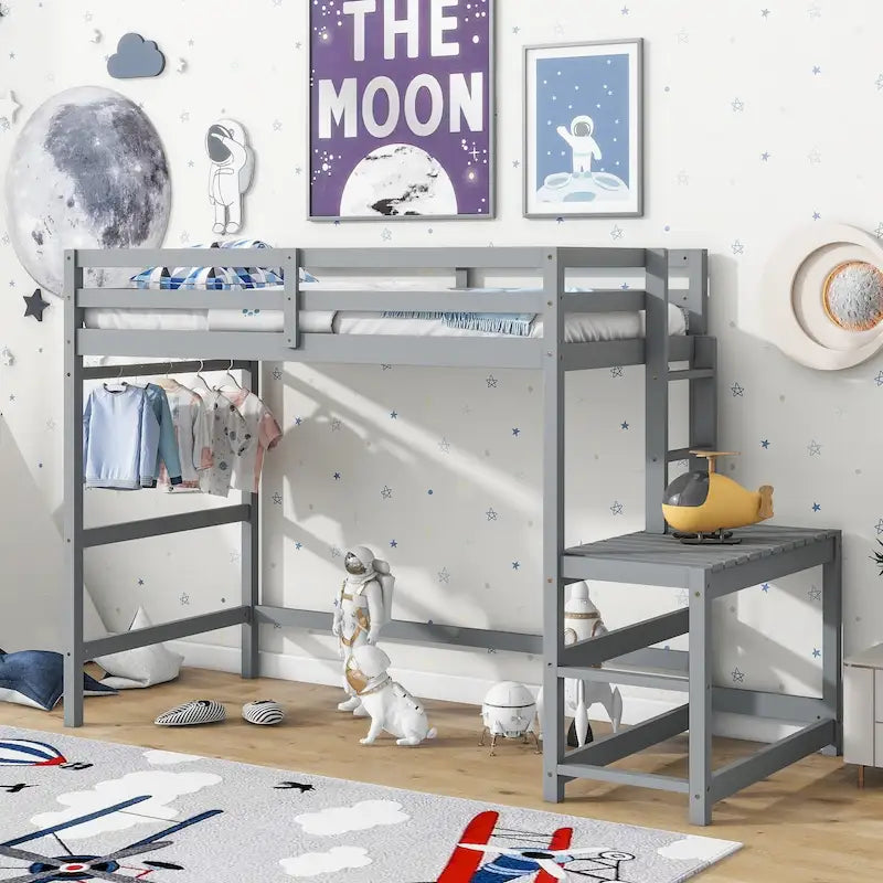 Gray Twin Wood Loft Bed with Platform and Two Ladders