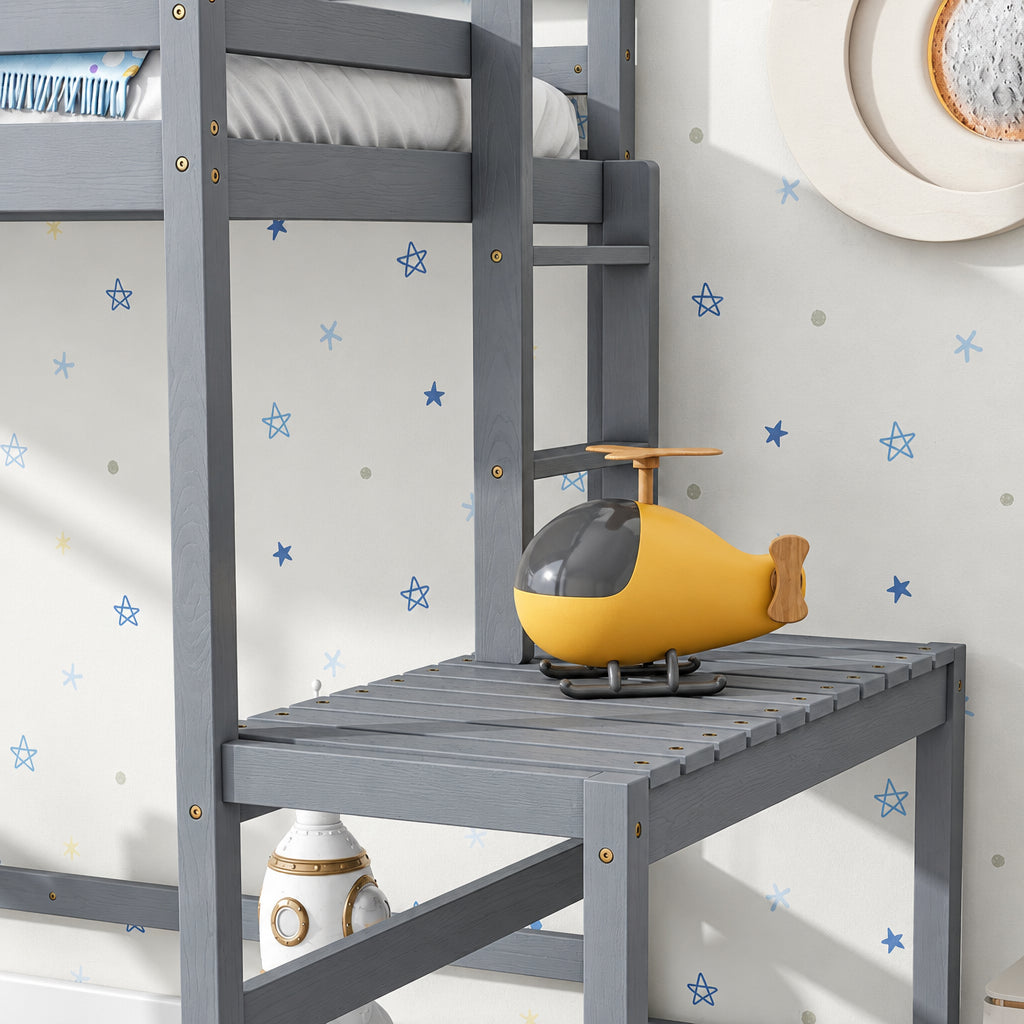 Gray Twin Pine High Loft Bed with Landing Platform