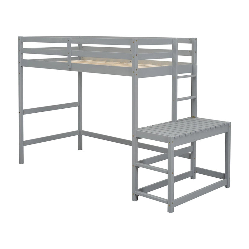 Gray Twin Wood Loft Bed with Platform and Two Ladders