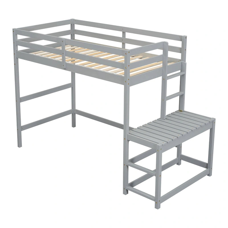 Gray Twin Wood Loft Bed with Platform and Two Ladders